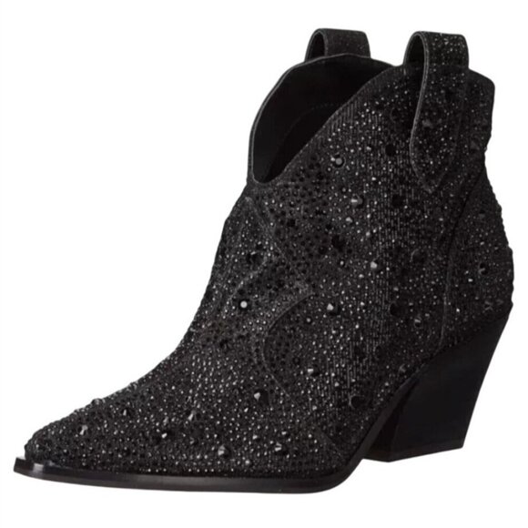JESSICA SIMPSON / Black / Glittered / Ankle / Boots With Block Heel And Pull Tab - Picture 3 of 9
